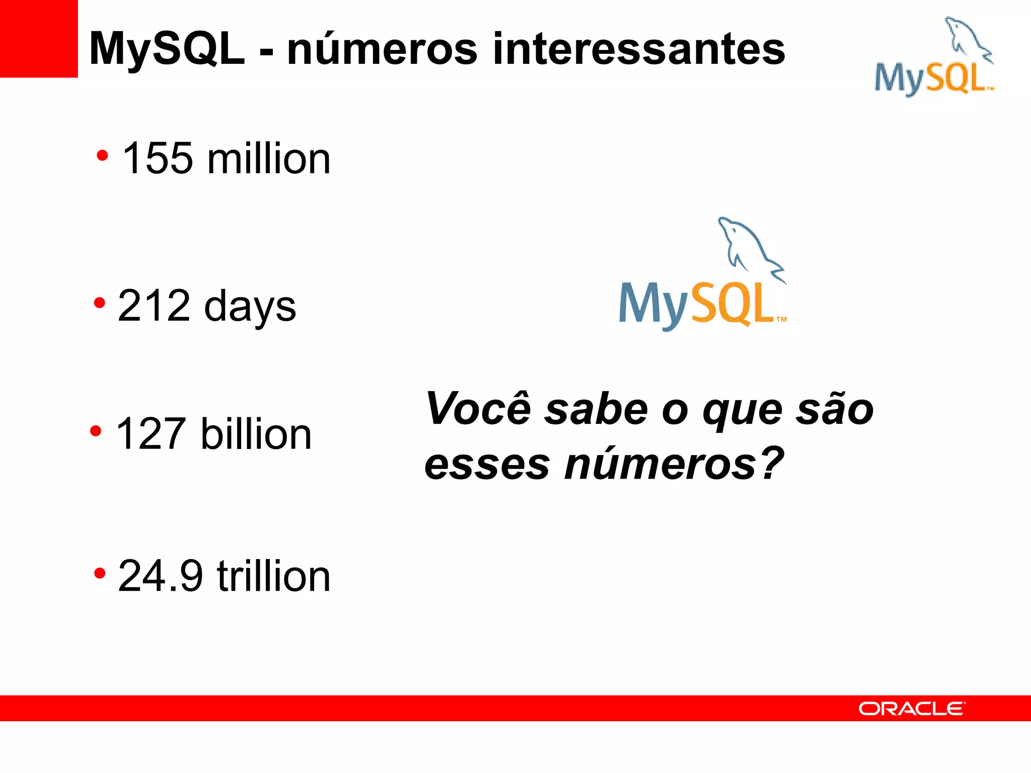 MySQL - números interessantes

• 155 million


• 212 days

• 127 billion
                  Você sabe o que são
                  esses números?

• 24.9 trillion
 