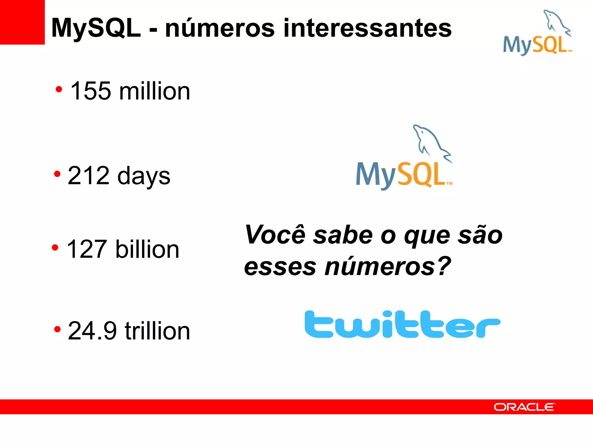 MySQL - números interessantes

• 155 million


• 212 days

• 127 billion
                  Você sabe o que são
                  esses números?

• 24.9 trillion
 