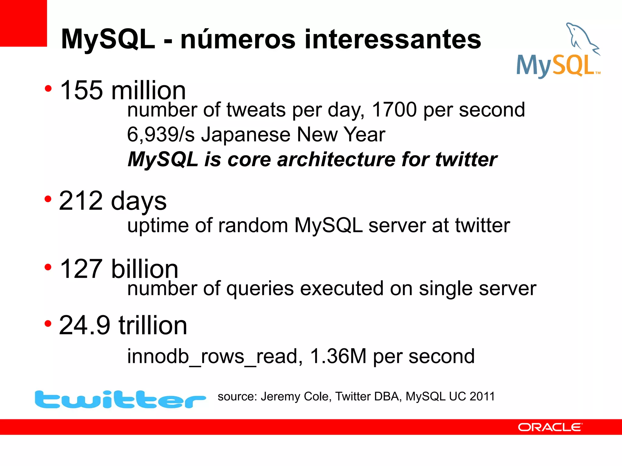 MySQL - números interessantes
• 155 million
        number of tweats per day, 1700 per second
        6,939/s Japanese New Year
        MySQL is core architecture for twitter

• 212 days
        uptime of random MySQL server at twitter

• 127 billion
        number of queries executed on single server
• 24.9 trillion
        innodb_rows_read, 1.36M per second
                  source: Jeremy Cole, Twitter DBA, MySQL UC 2011
 