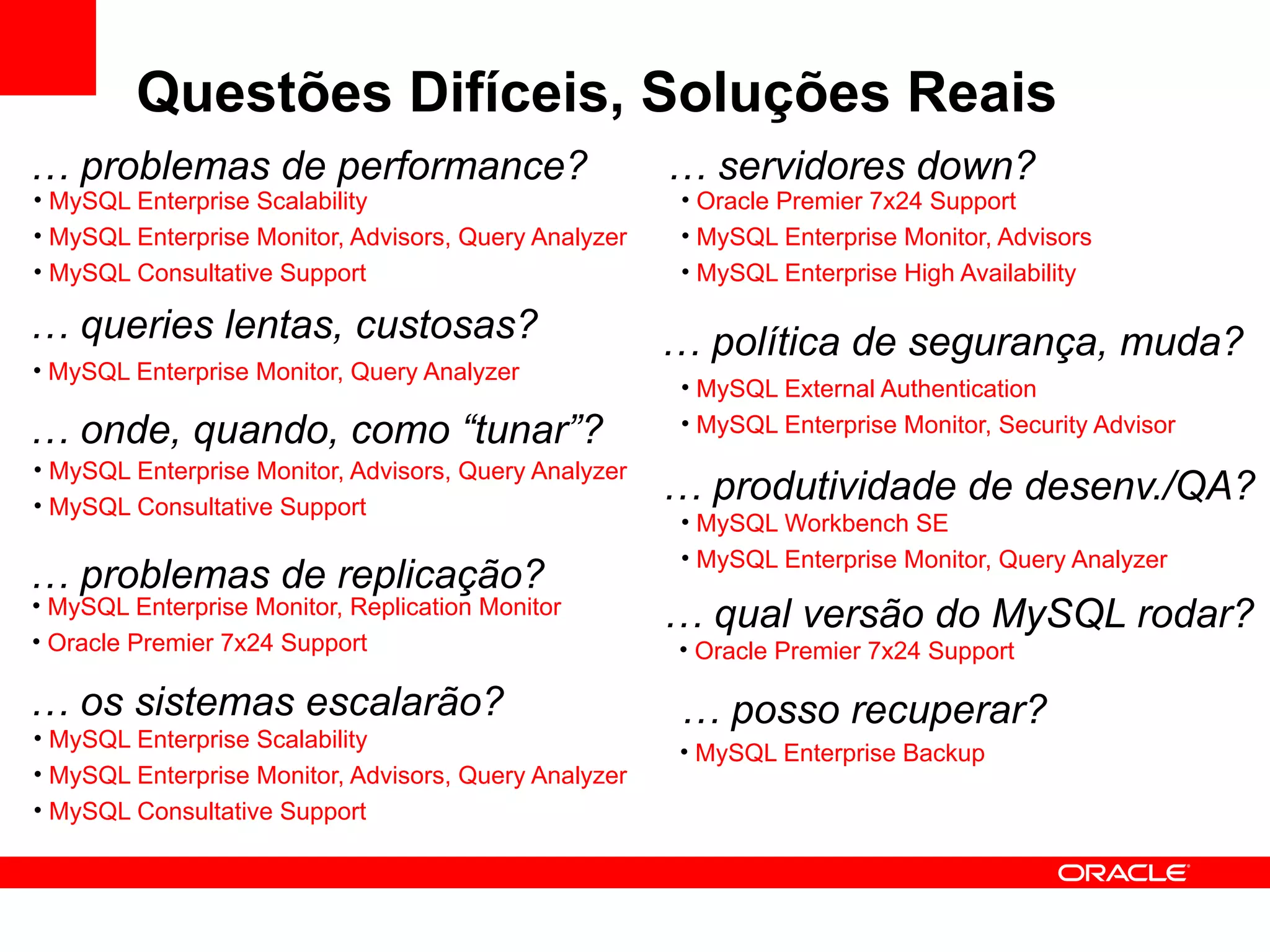 Questões Difíceis, Soluções Reais
… problemas de performance?                            … servidores down?
• MySQL Enterprise Scalability                          • Oracle Premier 7x24 Support
• MySQL Enterprise Monitor, Advisors, Query Analyzer    • MySQL Enterprise Monitor, Advisors
• MySQL Consultative Support                            • MySQL Enterprise High Availability

… queries lentas, custosas?                            … política de segurança, muda?
• MySQL Enterprise Monitor, Query Analyzer
                                                        • MySQL External Authentication
… onde, quando, como “tunar”?                           • MySQL Enterprise Monitor, Security Advisor
• MySQL Enterprise Monitor, Advisors, Query Analyzer
• MySQL Consultative Support
                                                       … produtividade de desenv./QA?
                                                        • MySQL Workbench SE
                                                        • MySQL Enterprise Monitor, Query Analyzer
… problemas de replicação?
• MySQL Enterprise Monitor, Replication Monitor
                                                       … qual versão do MySQL rodar?
• Oracle Premier 7x24 Support                          • Oracle Premier 7x24 Support

… os sistemas escalarão?                                … posso recuperar?
• MySQL Enterprise Scalability
                                                        • MySQL Enterprise Backup
• MySQL Enterprise Monitor, Advisors, Query Analyzer
• MySQL Consultative Support
 