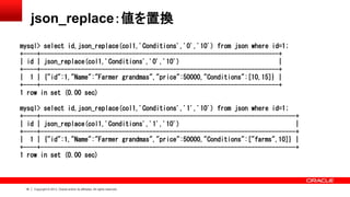 18 Copyright © 2013, Oracle and/or its affiliates. All rights reserved.
json_replace：値を置換
mysql> select id,json_replace(co...