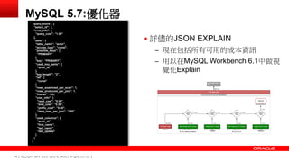 Copyright © 2014, Oracle and/or its affiliates. 15 All rights reserved. 
MySQL 5.7:優化器 
"query_block": { 
"select_id": 1, 
"cost_info": { 
"query_cost": "1.00" 
}, 
"table": { 
"table_name": "actor", 
"access_type": "const", 
"possible_keys": [ 
"PRIMARY" 
], 
"key": "PRIMARY", 
"used_key_parts": [ 
"actor_id" 
], 
"key_length": "2", 
"ref": [ 
"const" 
], 
"rows_examined_per_scan": 1, 
"rows_produced_per_join": 1, 
"filtered": 100, 
"cost_info": { 
"read_cost": "0.00", 
"eval_cost": "0.20", 
"prefix_cost": "0.00", 
"data_read_per_join": "280" 
}, 
"used_columns": [ 
"actor_id", 
"first_name", 
"last_name", 
"last_update" 
] 
} 
} 
 詳儘的JSON EXPLAIN 
– 現在包括所有可用的成本資訊 
– 用以在MySQL Workbench 6.1中做視 
覺化Explain 
 