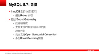 Copyright © 2014, Oracle and/or its affiliates. 20 All rights reserved. 
MySQL 5.7: GIS 
 InnoDB支持空間索引 
– 優化R-tree 索引 
 整合Boost.Geometry 
– 改進精確度 
– 支持更多的類型,組合和功能 
– 改進性能 
– 完全支持Open Geospatial Consortium 
– 參加Boost.Geometry開發 
 