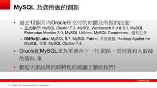 Copyright © 2014, Oracle and/or its affiliates. 25 All rights reserved. 
MySQL 為您所做的創新 
 過去12個月內Oracle所交付的軟體及所做的改進: 
– 正式發行: MySQL Cluster 7.3, MySQL Workbench 6.0 & 6.1, MySQL 
Enterprise Monitor 3.0, MySQL Utilities, MySQL Connectors...還有更多 
– DMRs和Labs: MySQL 5.7, MySQL Fabric, 多源複製, Hadoop Applier for 
MySQL, GIS, MySQL Cluster 7.4... 
 Oracle使MySQL成為更適合下一代 網路、雲計算和大數據 
的資料 庫 
 歡迎大家試用同時將您的建議回饋給我們! 
 