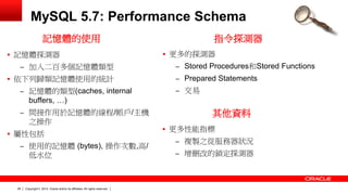 Copyright © 2014, Oracle and/or its affiliates. 28 All rights reserved. 
MySQL 5.7: Performance Schema 
 更多的探測器 
– Stored Procedures和Stored Functions 
– Prepared Statements 
– 交易 
指令探測器 
 記憶體探測器 
– 加入二百多個記憶體類型 
 依下列歸類記憶體使用的統計 
– 記憶體的類型(caches, internal 
buffers, …) 
– 間接作用於記憶體的線程/帳戶/主機 
之操作 
 屬性包括 
– 使用的記憶體 (bytes), 操作次數,高/ 
低水位 
記憶體的使用 
 更多性能指標 
– 複製之從服務器狀況 
– 增刪改的鎖定探測器 
其他資料 
