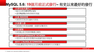 Copyright © 2014, Oracle and/or its affiliates. 7 All rights reserved. 
• 能完全使用48 CPU 線程 
• 達到MySQL 5.5 2.3倍的效能 
改善性能和擴充力 
• 更好的交易吞吐量和可用性 
改善 INNODB 
• 查詢執行和查詢調優、偵錯的診斷更快 
改善優化器 
• 高效能,高可用度和數據正確性 
改善複製 
• 更好的工具,使用者/應用系統層的統計和監看 
改善PERFORMANCE SCHEMA 
• 快速,鍵值存取同時完全支持ACID,使開發的方式更靈活 
新的! 以NoSQL使用INNODB 
MySQL 5.6: 19個月前正式發行– 有史以來最好的發行 
 