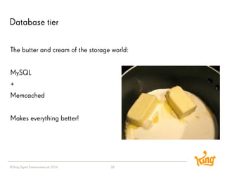 © King Digital Entertainment plc 2014 
Database tier 
28 
The butter and cream of the storage world: 
MySQL 
+ 
Memcached 
Makes everything better!  