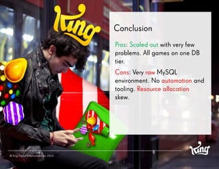 Conclusion 
38 
Pros: Scaled out with very few problems. All games on one DB tier. 
Cons: Very rawMySQL environment. No automationand tooling. Resource allocationskew. 
© King Digital Entertainment plc 2014  