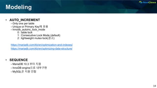 14
Modeling
• AUTO_INCREMENT
- Only one per table
- Unique or Primary Key에 유용
- Innodb_autoinc_lock_mode
0 : table lock
1 : Consecutive Lock Mode (default)
2 : lightweight mutex lock(권고)
https://mariadb.com/kb/en/optimization-and-indexes/
https://mariadb.com/kb/en/optimizing-data-structure/
• SEQUENCE
- MariaDB 10.3 부터 지원
- InnoDB engine으로 내부구현
- MySQL은 지원 안함
 