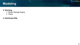 18
Modeling
❖ Sharding
➢ Spider Storage Engine
➢ Vitess
❖ Distributed SQL
 