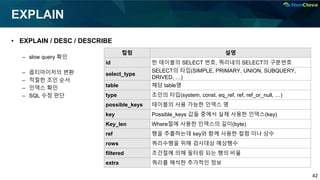 42
EXPLAIN
• EXPLAIN / DESC / DESCRIBE
– slow query 확인
– 옵티마이저의 변환
– 적절한 조인 순서
– 인덱스 확인
– SQL 수정 판단
컬럼 설명
id 한 테이블의 SELECT 번호, 쿼리내의 SELECT의 구분번호
select_type
SELECT의 타입(SIMPLE, PRIMARY, UNION, SUBQUERY,
DRIVED, …)
table 해당 table명
type 조인의 타입(system, const, eq_ref, ref, ref_or_null, …)
possible_keys 테이블의 사용 가능한 인덱스 명
key Possible_keys 값들 중에서 실제 사용한 인덱스(key)
Key_len Where절에 사용한 인덱스의 길이(byte)
ref 행을 추출하는데 key와 함께 사용한 컬럼 이나 상수
rows 쿼리수행을 위해 검사대상 예상행수
filtered 조건절에 의해 필터링 되는 행의 비율
extra 쿼리를 해석한 추가적인 정보
 