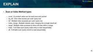 45
EXPLAIN
• Scan or Index Method types
– const : A constant value can be read once and cached
– eq_ref : One index access per outer query row
– ref : Multiple index accesses per outer query row
– index_merge : Multiple indexes used, merging into a single result set
– range : Multiple index accesses to return all rows within a range
– index : Full index scan (every index entry is read sequentially)
– all : Full table scan (every record is read sequentially)
 
