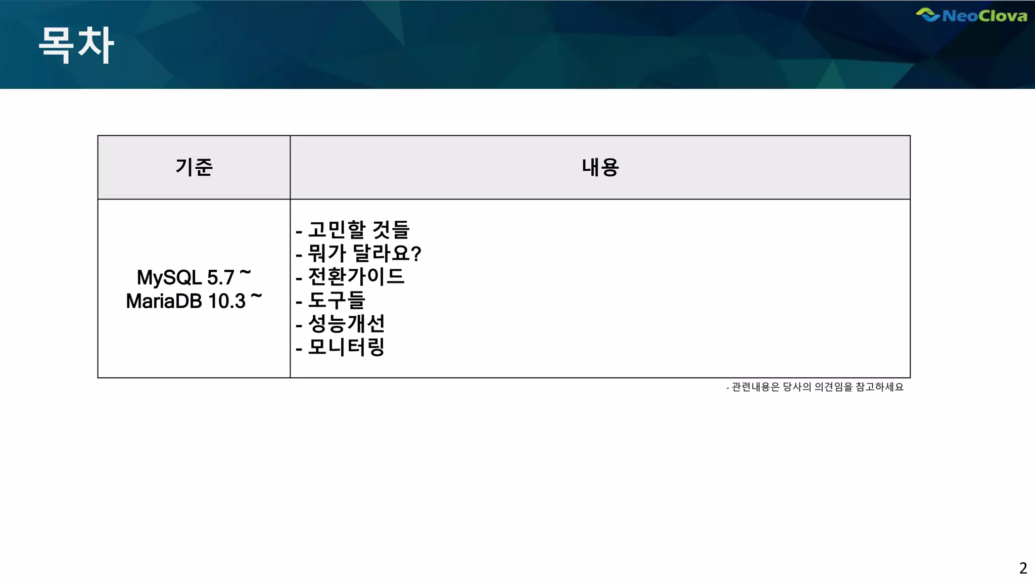 2
목차
기준 내용
MySQL 5.7 ~
MariaDB 10.3 ~
- 고민할 것들
- 뭐가 달라요?
- 전환가이드
- 도구들
- 성능개선
- 모니터링
- 관련내용은 당사의 의견임을 참고하세요
 