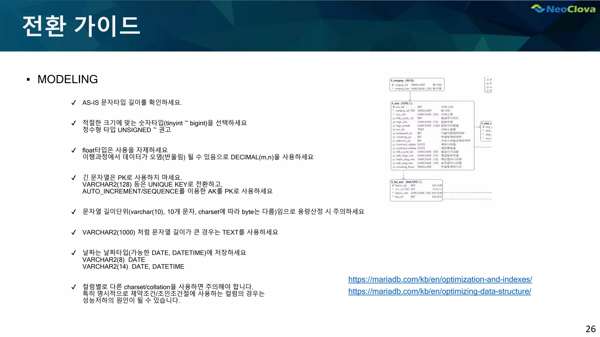 26
전환 가이드
▪ MODELING
✔ AS-IS 문자타입 길이를 확인하세요.
✔ 적절한 크기에 맞는 숫자타입(tinyint ~ bigint)을 선택하세요
정수형 타입 UNSIGNED ~ 권고
✔ float타입은 사용을 자제하세요
이행과정에서 데이터가 오염(반올림) 될 수 있음으로 DECIMAL(m,n)을 사용하세요
✔ 긴 문자열은 PK로 사용하지 마세요.
VARCHAR2(128) 등은 UNIQUE KEY로 전환하고,
AUTO_INCREMENT/SEQUENCE를 이용한 AK를 PK로 사용하세요
✔ 문자열 길이단위(varchar(10), 10개 문자, charset에 따라 byte는 다름)임으로 용량산정 시 주의하세요
✔ VARCHAR2(1000) 처럼 문자열 길이가 큰 경우는 TEXT를 사용하세요
✔ 날짜는 날짜타입(가능한 DATE, DATETIME)에 저장하세요
VARCHAR2(8) DATE
VARCHAR2(14) DATE, DATETIME
✔ 컬럼별로 다른 charset/collation을 사용하면 주의해야 합니다.
특히 명시적으로 제약조건/조인조건절에 사용하는 컬럼의 경우는
성능저하의 원인이 될 수 있습니다.
https://mariadb.com/kb/en/optimization-and-indexes/
https://mariadb.com/kb/en/optimizing-data-structure/
 