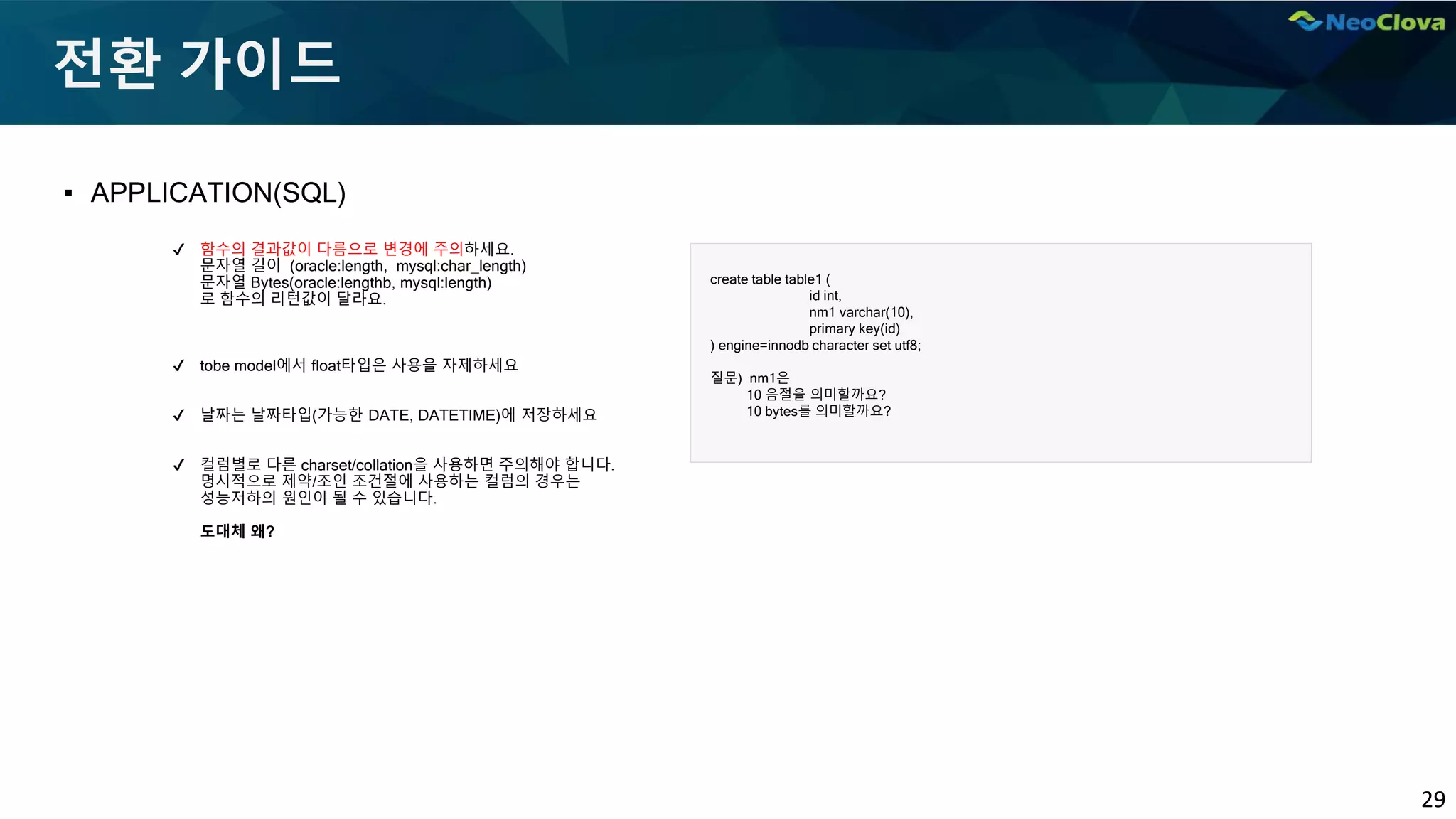29
전환 가이드
▪ APPLICATION(SQL)
✔ 함수의 결과값이 다름으로 변경에 주의하세요.
문자열 길이 (oracle:length, mysql:char_length)
문자열 Bytes(oracle:lengthb, mysql:length)
로 함수의 리턴값이 달라요.
✔ tobe model에서 float타입은 사용을 자제하세요
✔ 날짜는 날짜타입(가능한 DATE, DATETIME)에 저장하세요
✔ 컬럼별로 다른 charset/collation을 사용하면 주의해야 합니다.
명시적으로 제약/조인 조건절에 사용하는 컬럼의 경우는
성능저하의 원인이 될 수 있습니다.
도대체 왜?
create table table1 (
id int,
nm1 varchar(10),
primary key(id)
) engine=innodb character set utf8;
질문) nm1은
10 음절을 의미할까요?
10 bytes를 의미할까요?
 
