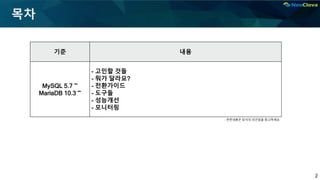2
목차
기준 내용
MySQL 5.7 ~
MariaDB 10.3 ~
- 고민할 것들
- 뭐가 달라요?
- 전환가이드
- 도구들
- 성능개선
- 모니터링
- 관련내용은 당사의 의견임을 참고하세요
 