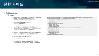 27
전환 가이드
▪ Tablespaces
• Table
✔ Primary Key가 없이 테이블을 생성할 수 없도록 제어하세요
MySQL : sql_require_primary_key (8.0.13 ~ )
MariaDB : innodb_force_primary_key(10.2 ~)
✔ 기본문자셋은 utf8mb4을 사용하세요
emoji 문자 등에 유용해요
✔ 모든 테이블/컬럼의 문자셋은 통일 하는게 좋습니다
제약조건/조인처리 등에서 성능저하가 발생할 수 있습니다
만약, 다르게 관리한다면 주의가 필요합니다.
✔ PK 컬럼은 AUTO_INCREMENT/SEQUENCE를 활용하세요
PK의 크기가 크면 IO면에서 성능저하가 발생합니다
✔ 대소문자 구분을 안 하도록 사용하세요
lower_case_table_name=1
✔ 테이블별로 다른 Storage Engine을 설정할 수 있어요
그렇지만 특별한 목적이 아니라면, InnoDB 를 사용하세요.
MariaDB [INFORMATION_SCHEMA]> SELECT * FROM SYSTEM_VARIABLES WHERE VARIABLE_NAME LIKE '%primary%'G
*************************** 1. row ***************************
VARIABLE_NAME: INNODB_FORCE_PRIMARY_KEY
SESSION_VALUE: NULL
GLOBAL_VALUE: OFF
GLOBAL_VALUE_ORIGIN: COMPILE-TIME
DEFAULT_VALUE: OFF
VARIABLE_SCOPE: GLOBAL
VARIABLE_TYPE: BOOLEAN
VARIABLE_COMMENT: Do not allow to create table without primary key (off by default)
NUMERIC_MIN_VALUE: NULL
NUMERIC_MAX_VALUE: NULL
NUMERIC_BLOCK_SIZE: NULL
ENUM_VALUE_LIST: OFF,ON
READ_ONLY: NO
COMMAND_LINE_ARGUMENT: OPTIONAL
 