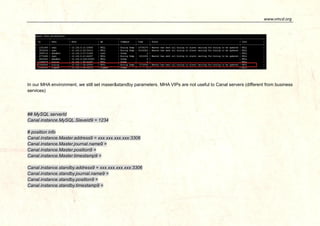 www.vmcd.org 
In our MHA environment, we still set maser&standby parameters. MHA VIPs are not useful to Canal servers (dif...