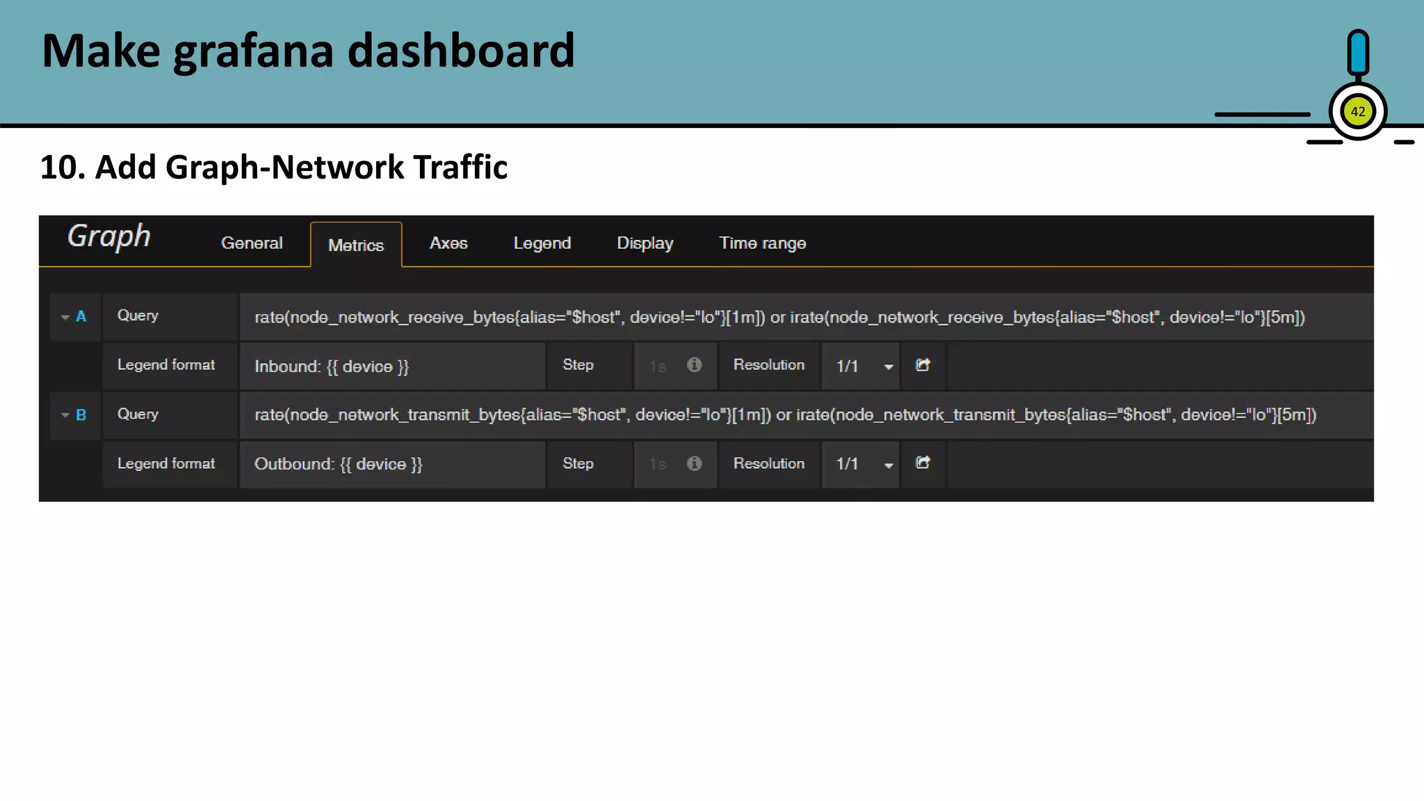 42
Make grafana dashboard
10. Add Graph-Network Traffic
 