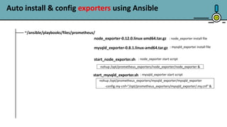 24
~/ansible/playbooks/files/prometheus/
node_exporter-0.12.0.linux-amd64.tar.gz
mysqld_exporter-0.8.1.linux-amd64.tar.gz
start_node_exporter.sh
start_mysqld_exporter.sh
: node_exporter install file
: mysqld_exporter install file
: node_exporter start script
nohup /opt/prometheus_exporters/node_exporter/node_exporter &
nohup /opt/prometheus_exporters/mysqld_exporter/mysqld_exporter
-config.my-cnf="/opt/prometheus_exporters/mysqld_exporter/.my.cnf" &
Auto install & config exporters using Ansible
: mysqld_exporter start script
 