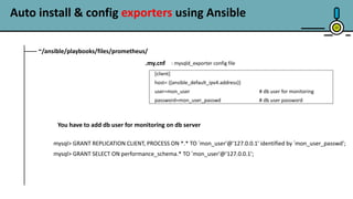 25
~/ansible/playbooks/files/prometheus/
.my.cnf
[client]
host= {{ansible_default_ipv4.address}}
user=mon_user # db user for monitoring
password=mon_user_passwd # db user password
Auto install & config exporters using Ansible
: mysqld_exporter config file
mysql> GRANT REPLICATION CLIENT, PROCESS ON *.* TO ‘mon_user'@'127.0.0.1' identified by ‘mon_user_passwd';
mysql> GRANT SELECT ON performance_schema.* TO ‘mon_user'@'127.0.0.1';
You have to add db user for monitoring on db server
 