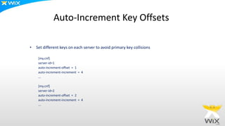 Auto-Increment Key Offsets
• Set different keys on each server to avoid primary key collisions
[my.cnf]
server-id=1
auto-increment-offset = 1
auto-increment-increment = 4
...
[my.cnf]
server-id=2
auto-increment-offset = 2
auto-increment-increment = 4
...
 