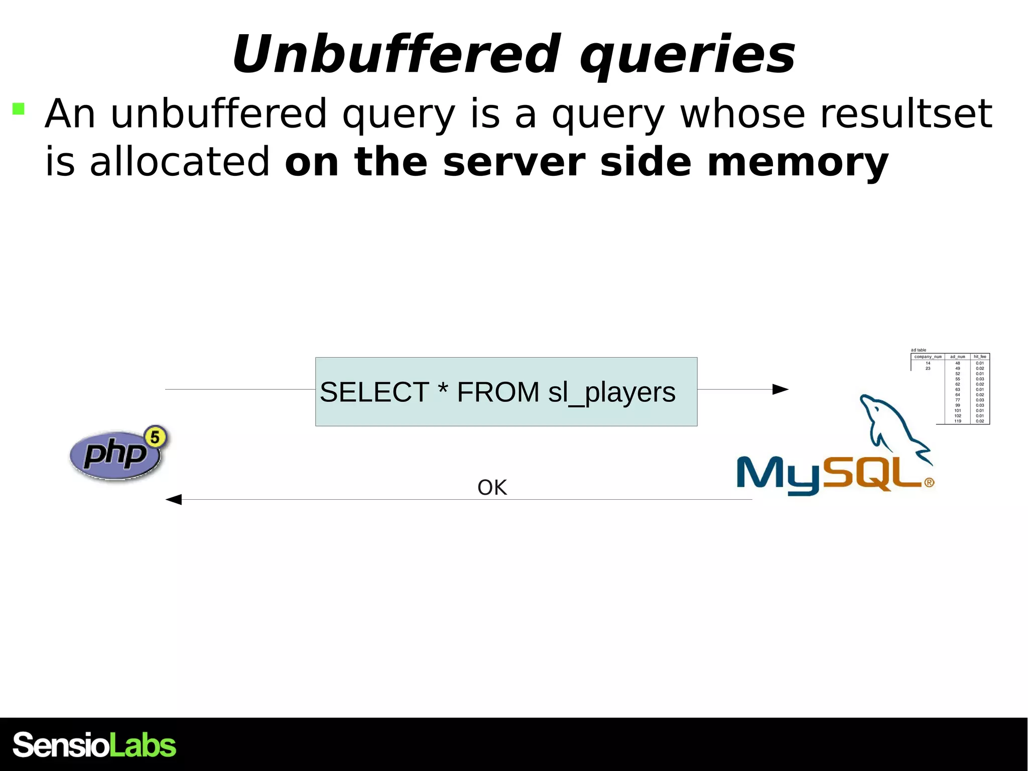 Unbuffered queries  An unbuffered query is a query whose resultset is allocated on the server side memory SELECT * FROM sl_players OK 