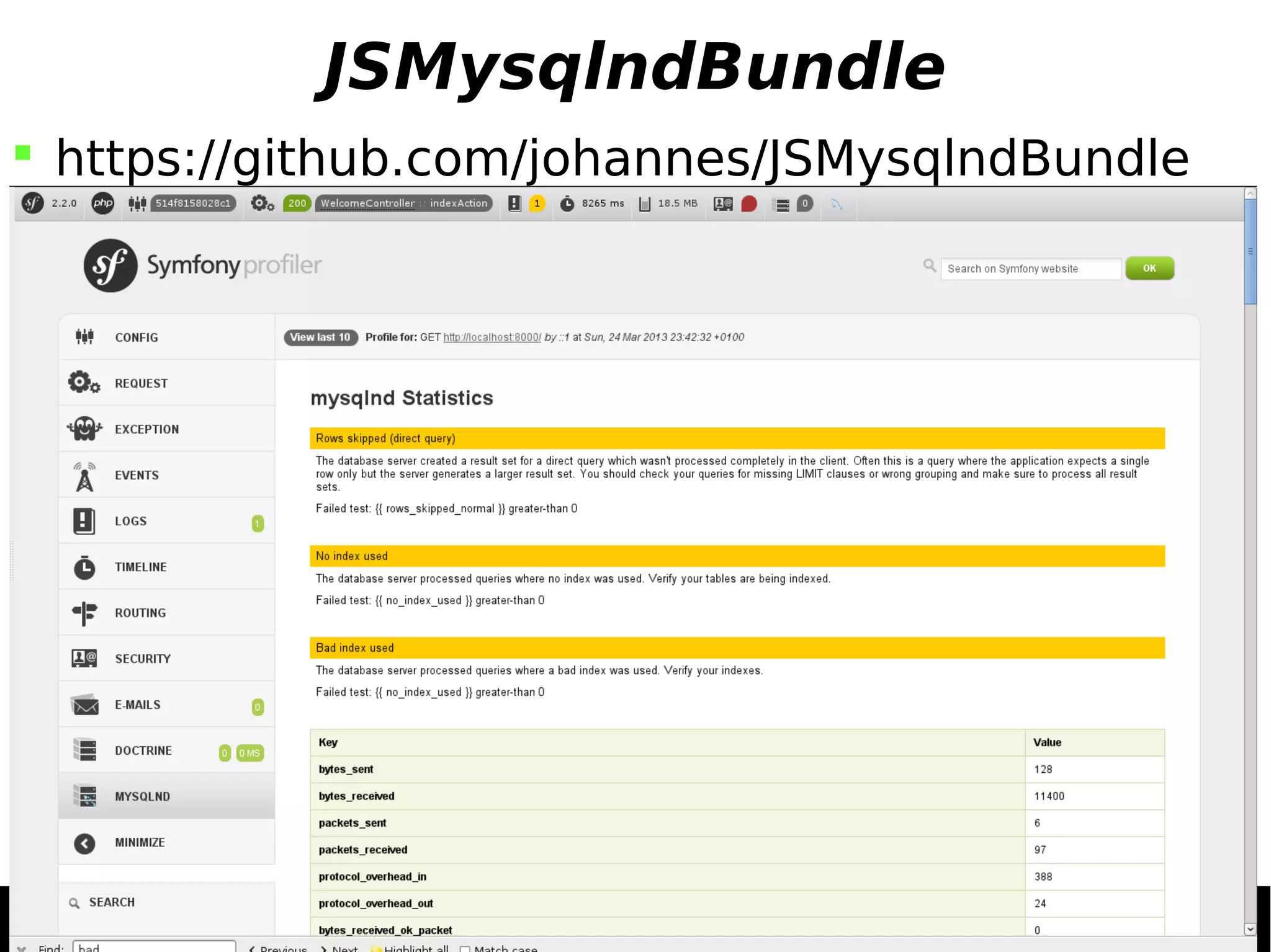 JSMysqlndBundle  https://github.com/johannes/JSMysqlndBundle 