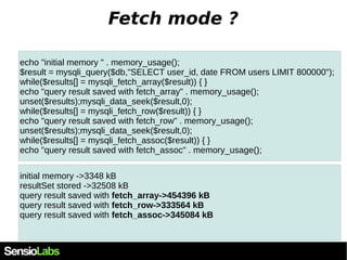 Fetch mode ? 
echo "initial memory " . memory_usage(); 
$result = mysqli_query($db,"SELECT user_id, date FROM users LIMIT ...
