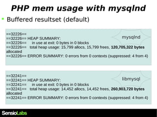 PHP mem usage with mysqlnd 
 Buffered resultset (default) 
==32226== 
==32226== HEAP SUMMARY: 
mysqlnd 
==32226== in use ...