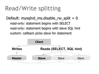 Read/Write splitting
Default: mysqlnd_ms.disable_rw_split = 0
  read-only: statement begins with SELECT
  read-only: state...