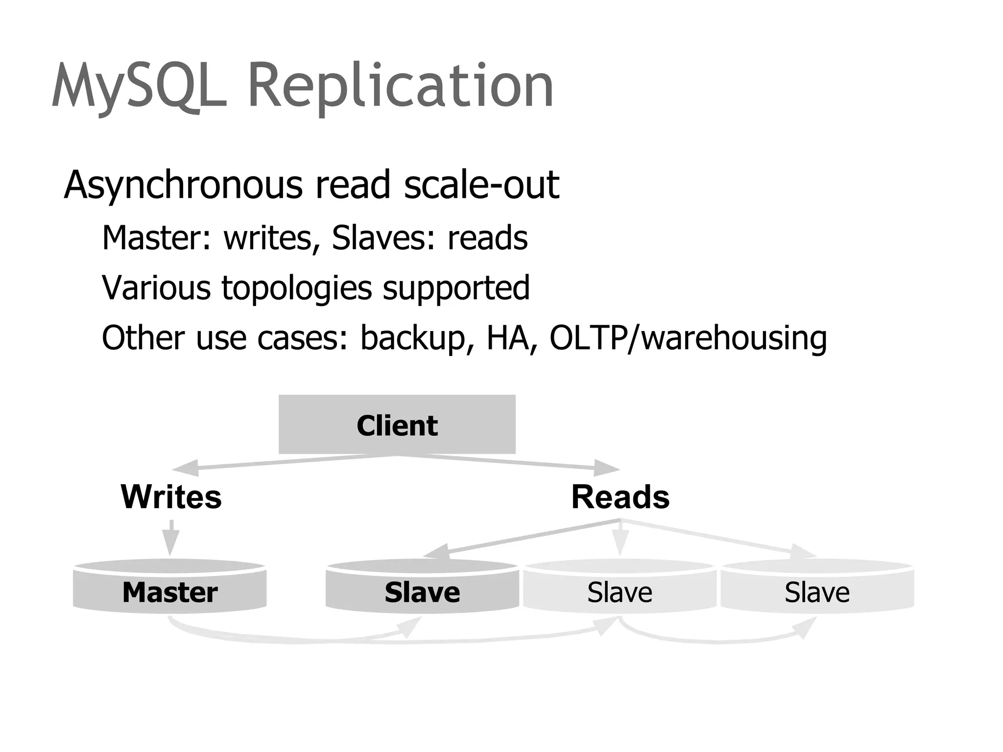 The speaker says... Scale out, not up. Use a cluster of commodity servers. Scale horizontally building upon proven Open Source solutions.  Try MySQL Replication, MySQL Cluster or a custom MySQL scale-out solution.   