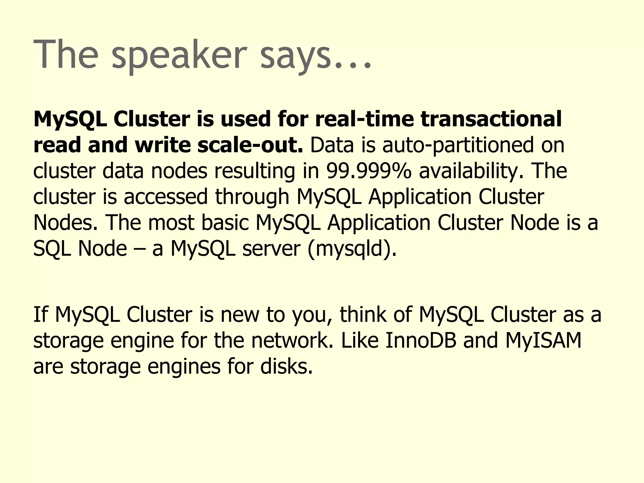 Other use cases: backup, HA, OLTP/warehousing MySQL Replication Writes Reads Master Slave Slave Slave 