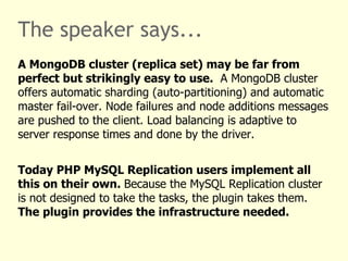 Web use cases: session server, tele communication MySQL Cluster SQL Node SQL Node Cluster Data Node Cluster Data Node Cluster Data Node 
