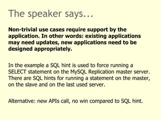 Automatic fail over for High Availability Application using any DB cluster MySQL Server 1 MySQL Server 2 MySQL Server n 