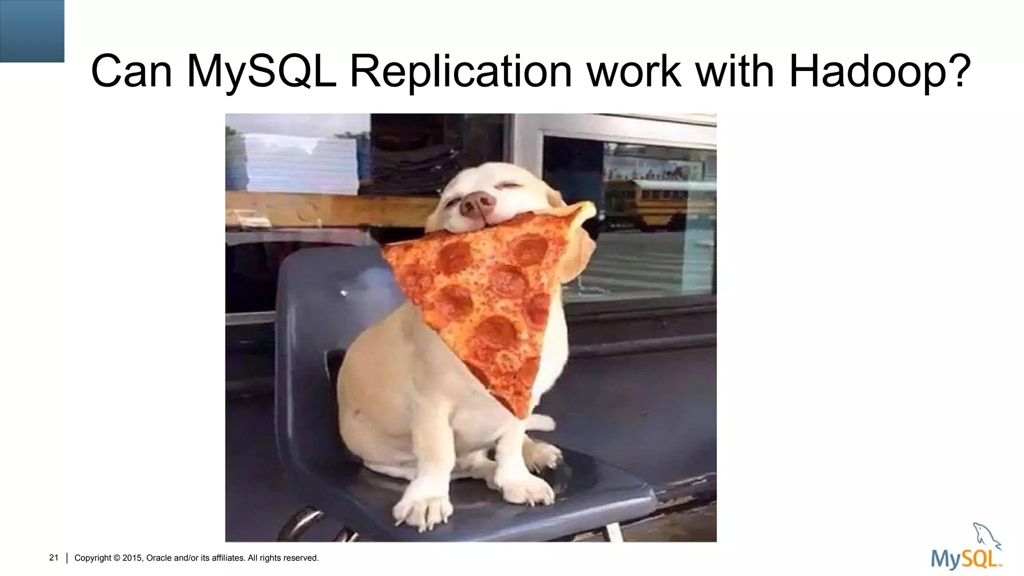Copyright © 2015, Oracle and/or its affiliates. All rights reserved.21
Can MySQL Replication work with Hadoop?
 