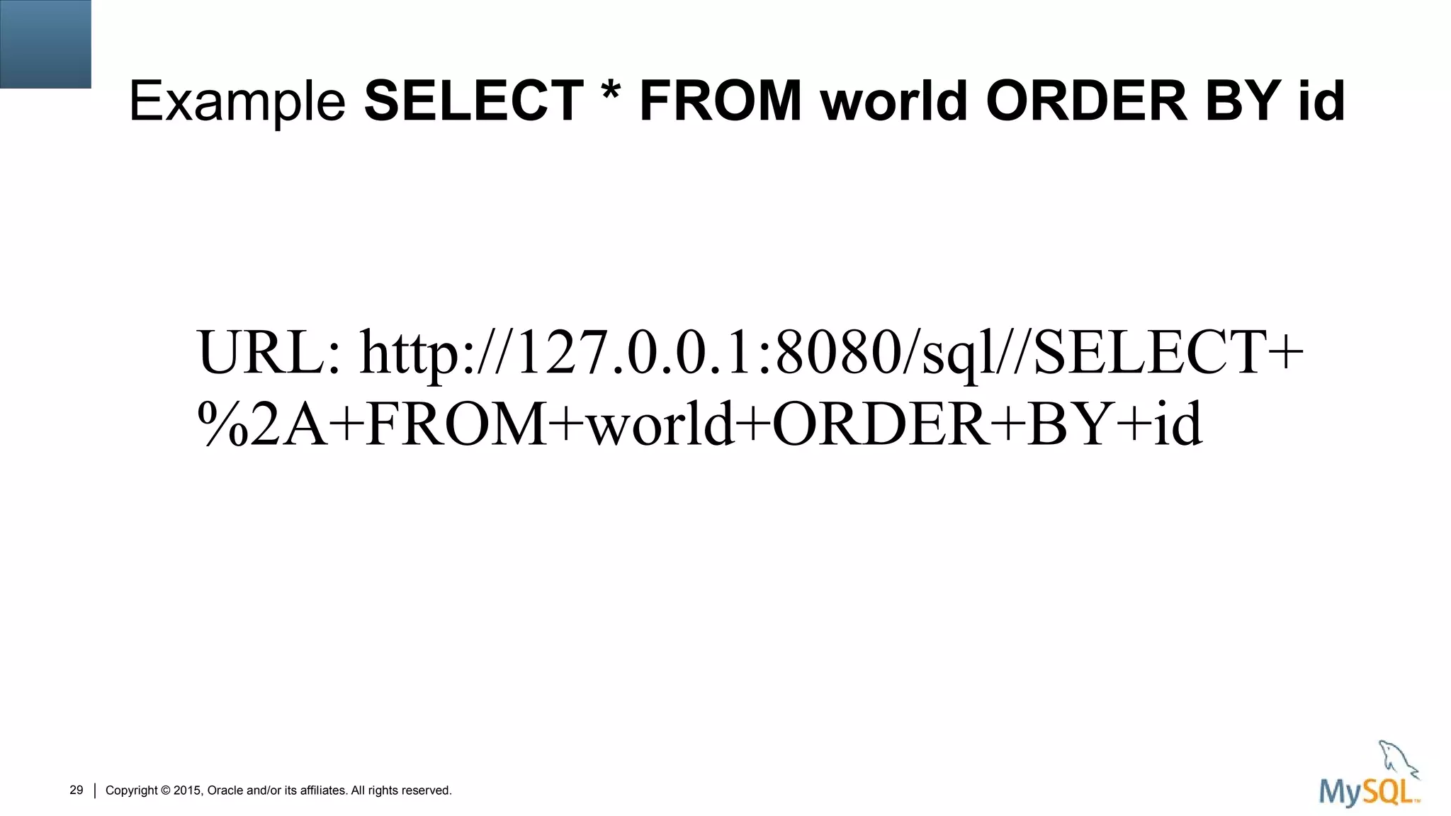 Copyright © 2015, Oracle and/or its affiliates. All rights reserved.29
Example SELECT * FROM world ORDER BY id
URL: http://127.0.0.1:8080/sql//SELECT+
%2A+FROM+world+ORDER+BY+id
 