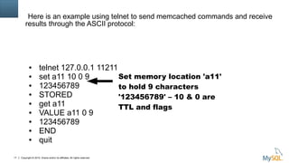 Copyright © 2015, Oracle and/or its affiliates. All rights reserved.17
Here is an example using telnet to send memcached commands and receive
results through the ASCII protocol:
● telnet 127.0.0.1 11211
● set a11 10 0 9
● 123456789
● STORED
● get a11
● VALUE a11 0 9
● 123456789
● END
● quit
Set memory location 'a11'
to hold 9 characters
'123456789' – 10 & 0 are
TTL and flags
 