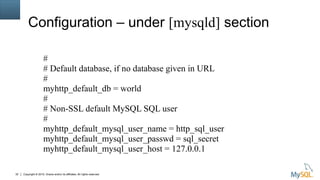 Copyright © 2015, Oracle and/or its affiliates. All rights reserved.32
Configuration – under [mysqld] section
#
# Default database, if no database given in URL
#
myhttp_default_db = world
#
# Non-SSL default MySQL SQL user
#
myhttp_default_mysql_user_name = http_sql_user
myhttp_default_mysql_user_passwd = sql_secret
myhttp_default_mysql_user_host = 127.0.0.1
 