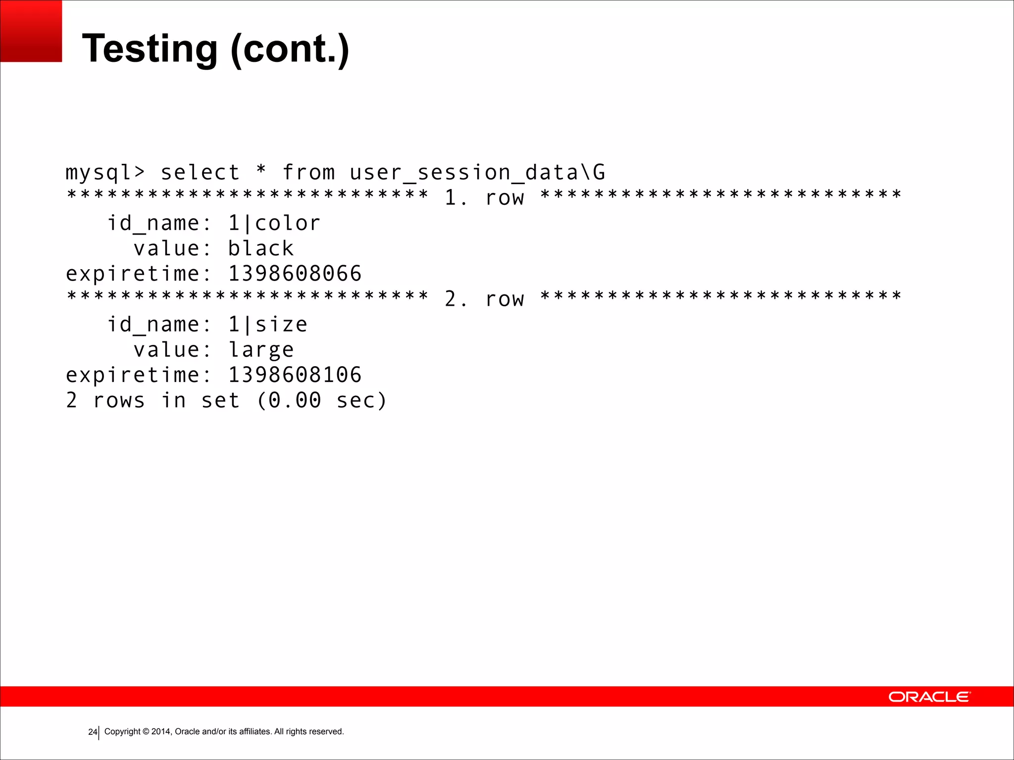 Copyright © 2014, Oracle and/or its affiliates. All rights reserved.!24 Testing (cont.) mysql> select * from user_session_dataG *************************** 1. row *************************** id_name: 1|color value: black expiretime: 1398608066 *************************** 2. row *************************** id_name: 1|size value: large expiretime: 1398608106 2 rows in set (0.00 sec) 