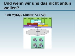 Und wenn wir uns das nicht antun
wollen?
●   Ab MySQL Cluster 7.1 (7.0)
 