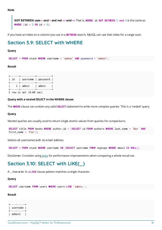 MySQL notes for professionals