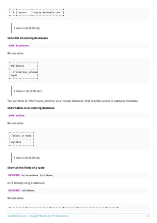 GoalKicker.com – MySQL® Notes for Professionals 4
+----+----------+---------------------+
| 1 | myuser | myuser@example.com |
+----+----------+---------------------+
1 row in set (0.00 sec)
Show list of existing databases
SHOW databases;
Return value:
+-------------------+
| Databases |
+-------------------+
| information_schema|
| mydb |
+-------------------+
2 rows in set (0.00 sec)
You can think of "information_schema" as a "master database" that provides access to database metadata.
Show tables in an existing database
SHOW tables;
Return value:
+----------------+
| Tables_in_mydb |
+----------------+
| mytable |
+----------------+
1 row in set (0.00 sec)
Show all the ﬁelds of a table
DESCRIBE databaseName.tableName;
or, if already using a database:
DESCRIBE tableName;
Return value:
+-----------+----------------+--------+---------+-------------------+-------+
 