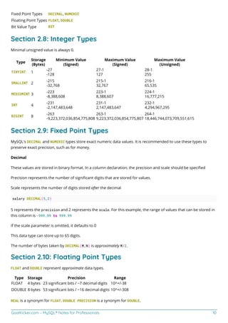 GoalKicker.com – MySQL® Notes for Professionals 10
Fixed Point Types DECIMAL, NUMERIC
Floating Point Types FLOAT, DOUBLE
Bit Value Type BIT
Section 2.8: Integer Types
Minimal unsigned value is always 0.
Type
Storage
(Bytes)
Minimum Value
(Signed)
Maximum Value
(Signed)
Maximum Value
(Unsigned)
TINYINT 1
-27
-128
27-1
127
28-1
255
SMALLINT 2
-215
-32,768
215-1
32,767
216-1
65,535
MEDIUMINT 3
-223
-8,388,608
223-1
8,388,607
224-1
16,777,215
INT 4
-231
-2,147,483,648
231-1
2,147,483,647
232-1
4,294,967,295
BIGINT 8
-263
-9,223,372,036,854,775,808
263-1
9,223,372,036,854,775,807
264-1
18,446,744,073,709,551,615
Section 2.9: Fixed Point Types
MySQL's DECIMAL and NUMERIC types store exact numeric data values. It is recommended to use these types to
preserve exact precision, such as for money.
Decimal
These values are stored in binary format. In a column declaration, the precision and scale should be speciﬁed
Precision represents the number of signiﬁcant digits that are stored for values.
Scale represents the number of digits stored after the decimal
salary DECIMAL(5,2)
5 represents the precision and 2 represents the scale. For this example, the range of values that can be stored in
this column is -999.99 to 999.99
If the scale parameter is omitted, it defaults to 0
This data type can store up to 65 digits.
The number of bytes taken by DECIMAL(M,N) is approximately M/2.
Section 2.10: Floating Point Types
FLOAT and DOUBLE represent approximate data types.
Type Storage Precision Range
FLOAT 4 bytes 23 signiﬁcant bits / ~7 decimal digits 10^+/-38
DOUBLE 8 bytes 53 signiﬁcant bits / ~16 decimal digits 10^+/-308
REAL is a synonym for FLOAT. DOUBLE PRECISION is a synonym for DOUBLE.
 