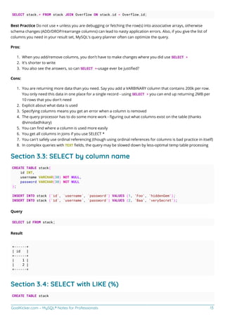 GoalKicker.com – MySQL® Notes for Professionals 13
SELECT stack.* FROM stack JOIN Overflow ON stack.id = Overflow.id;
Best Practice Do not use * unless you are debugging or fetching the row(s) into associative arrays, otherwise
schema changes (ADD/DROP/rearrange columns) can lead to nasty application errors. Also, if you give the list of
columns you need in your result set, MySQL's query planner often can optimize the query.
Pros:
When you add/remove columns, you don't have to make changes where you did use SELECT *
1.
It's shorter to write
2.
You also see the answers, so can SELECT *-usage ever be justiﬁed?
3.
Cons:
You are returning more data than you need. Say you add a VARBINARY column that contains 200k per row.
1.
You only need this data in one place for a single record - using SELECT * you can end up returning 2MB per
10 rows that you don't need
Explicit about what data is used
2.
Specifying columns means you get an error when a column is removed
3.
The query processor has to do some more work - ﬁguring out what columns exist on the table (thanks
4.
@vinodadhikary)
You can ﬁnd where a column is used more easily
5.
You get all columns in joins if you use SELECT *
6.
You can't safely use ordinal referencing (though using ordinal references for columns is bad practice in itself)
7.
In complex queries with TEXT ﬁelds, the query may be slowed down by less-optimal temp table processing
8.
Section 3.3: SELECT by column name
CREATE TABLE stack(
id INT,
username VARCHAR(30) NOT NULL,
password VARCHAR(30) NOT NULL
);
INSERT INTO stack (`id`, `username`, `password`) VALUES (1, 'Foo', 'hiddenGem');
INSERT INTO stack (`id`, `username`, `password`) VALUES (2, 'Baa', 'verySecret');
Query
SELECT id FROM stack;
Result
+------+
| id |
+------+
| 1 |
| 2 |
+------+
Section 3.4: SELECT with LIKE (%)
CREATE TABLE stack
 