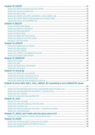 Chapter 10: INSERT 32
....................................................................................................................................................
Section 10.1: INSERT, ON DUPLICATE KEY UPDATE 32
.................................................................................................
Section 10.2: Inserting multiple rows 32
.........................................................................................................................
Section 10.3: Basic Insert 33
.............................................................................................................................................
Section 10.4: INSERT with AUTO_INCREMENT + LAST_INSERT_ID() 33
....................................................................
Section 10.5: INSERT SELECT (Inserting data from another Table) 35
.......................................................................
Section 10.6: Lost AUTO_INCREMENT ids 35
.................................................................................................................
Chapter 11: DELETE 37
.....................................................................................................................................................
Section 11.1: Multi-Table Deletes 37
.................................................................................................................................
Section 11.2: DELETE vs TRUNCATE 39
...........................................................................................................................
Section 11.3: Multi-table DELETE 39
.................................................................................................................................
Section 11.4: Basic delete 39
.............................................................................................................................................
Section 11.5: Delete with Where clause 39
......................................................................................................................
Section 11.6: Delete all rows from a table 39
..................................................................................................................
Section 11.7: LIMITing deletes 40
......................................................................................................................................
Chapter 12: UPDATE 41
...................................................................................................................................................
Section 12.1: Update with Join Pattern 41
......................................................................................................................
Section 12.2: Basic Update 41
.........................................................................................................................................
Section 12.3: Bulk UPDATE 42
..........................................................................................................................................
Section 12.4: UPDATE with ORDER BY and LIMIT 42
.....................................................................................................
Section 12.5: Multiple Table UPDATE 42
.........................................................................................................................
Chapter 13: ORDER BY 44
..............................................................................................................................................
Section 13.1: Contexts 44
...................................................................................................................................................
Section 13.2: Basic 44
........................................................................................................................................................
Section 13.3: ASCending / DESCending 44
.....................................................................................................................
Section 13.4: Some tricks 44
.............................................................................................................................................
Chapter 14: Group By 46
...............................................................................................................................................
Section 14.1: GROUP BY using HAVING 46
......................................................................................................................
Section 14.2: Group By using Group Concat 46
.............................................................................................................
Section 14.3: Group By Using MIN function 46
...............................................................................................................
Section 14.4: GROUP BY with AGGREGATE functions 47
..............................................................................................
Chapter 15: Error 1055: ONLY_FULL_GROUP_BY: something is not in GROUP BY clause
... 50
..........................................................................................................................................................................................
Section 15.1: Misusing GROUP BY to return unpredictable results: Murphy's Law 50
................................................
Section 15.2: Misusing GROUP BY with SELECT *, and how to ﬁx it 50
........................................................................
Section 15.3: ANY_VALUE() 51
........................................................................................................................................
Section 15.4: Using and misusing GROUP BY 51
...........................................................................................................
Chapter 16: Joins 53
.........................................................................................................................................................
Section 16.1: Joins visualized 53
.......................................................................................................................................
Section 16.2: JOIN with subquery ("Derived" table) 53
.................................................................................................
Section 16.3: Full Outer Join 54
........................................................................................................................................
Section 16.4: Retrieve customers with orders -- variations on a theme 55
................................................................
Section 16.5: Joining Examples 56
..................................................................................................................................
Chapter 17: JOINS: Join 3 table with the same name of id. 57
..................................................................
Section 17.1: Join 3 tables on a column with the same name 57
.................................................................................
Chapter 18: UNION 58
......................................................................................................................................................
Section 18.1: Combining SELECT statements with UNION 58
.......................................................................................
Section 18.2: Combining data with dierent columns 58
.............................................................................................
Section 18.3: ORDER BY 58
..............................................................................................................................................
 
