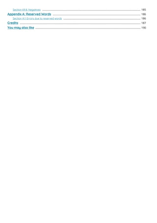 Section 69.8: Negatives 185
............................................................................................................................................
Appendix A: Reserved Words 186
.............................................................................................................................
Section A.1: Errors due to reserved words 186
..............................................................................................................
Credits 187
............................................................................................................................................................................
You may also like 190
......................................................................................................................................................
 