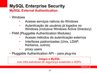 MySQL Enterprise Security
MySQL External Authentication

• Windows
      •   Acesse serviços nativos do Windows
      •   Autenticação de usuários já logados no
          Windows (inclusive Windows Active Directory)
• PAM (Pluggable Authentication Modules)
      •   Acesse métodos de autenticação externos
      •   Interfaces padronizadas (Unix, LDAP,
          Kerberos, outros)
      •   proxy users
• Pluggable Authentication API – para plug-ins
                      Integra o MySQL
    com infra-estruturas de segurança existentes e SOPs.


                             37
 