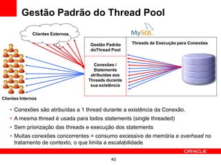 Gestão Padrão do Thread Pool

              Clientes Externos

                                  Gestão Padrão     Threads de Execução para Conexões
                                  doThread Pool


                                    Conexões /
                                    Statements
                                   atribuídas aos
                                  Threads durante
                                   sua existência


Clientes Internos

   • Conexões são atribuídas a 1 thread durante a existência da Conexão.
   • A mesma thread é usada para todos statements (single threaded)
   • Sem priorização das threads e execução dos statements
   • Muitas conexões concorrentes = consumo excessivo de memória e overhead no
     tratamento de contexto, o que limita a escalabilidade


                                            40
 