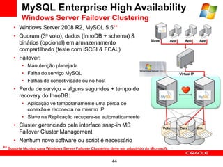 MySQL Enterprise High Availability
          Windows Server Failover Clustering
     • Windows Server 2008 R2, MySQL 5.5**
     • Quorum (3o voto), dados (InnoDB + schema) &
                                                                                 Slave        App      App        App
       binários (opcional) em armazenamento
       compartilhado (teste com iSCSI & FCAL)
     • Failover:
          • Manutenção planejada
          • Falha do serviço MySQL                                                                  Virtual IP

          • Falhas de conectividade ou no host
     • Perda de serviço = alguns segundos + tempo de
       recovery do InnoDB:
          • Aplicação vê temporariamente uma perda de
            conexão e reconecta no mesmo IP
          • Slave na Replicação recupera-se automaticamente
     • Cluster gerenciado pela interface snap-in MS
                                                                                         Vote       Data         Bin
       Failover Cluster Management
     • Nenhum novo software ou script é necessário
** Suporte técnico para Windows Server Failover Clustering deve ser adquirido da Microsoft.

                                                            44
 